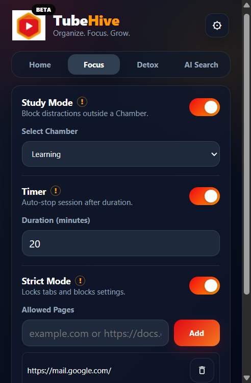 TubeHive Focus Mode